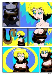 absurdres asphyxiation barefoot black_hair blonde_hair bra breasts breasts_outside coils comic crotch_rub dazed disney erect_nipples erika_(er-ikaa) evil_smile eye_roll femsub hypnotic_eyes kaa kaa_eyes large_breasts maledom multicolored_hair nipples open_clothes open_mouth original penken short_hair smile snake the_jungle_book torn_clothes underwear undressing