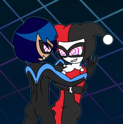 ass aura batman_(series) blue_hair breasts clothed dc_comics eye_mask femsub from_behind happy_trance harley_quinn heterosexual hypnoscream jester maledom nightwing short_hair smile spiralwash_eyes super_hero