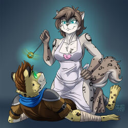  apron ash_(ashkelling) breasts brown_hair clothed femdom furry glowing happy_trance heresyart kathrin_vaughan large_breasts leopard_boy magic malesub naked_apron non-human_feet original pendulum simple_background smile twokinds 