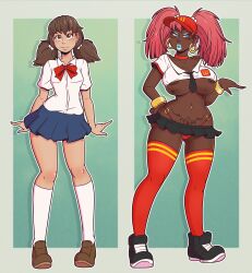  absurdres ass_expansion before_and_after bimbofication blue_eyes blue_lipstick border bracelet breast_expansion brown_eyes brown_hair character_request clothed_exposure collarbone crotch_tattoo earrings eyeshadow femsub ganguro gradient_background gyaru hair_ornament hand_on_hip hat huge_breasts jewelry kneehighs lip_expansion lipstick long_hair long_nails makeup mcdonald's midriff miniskirt navel navel_piercing nipples piercing pink_hair school_uniform shoes short_skirt simple_background skirt smile sneakers socks standing tattoo thighhighs thong tie tied_shirt tight_clothing transformation twintails underboob uniform wrenzephyr2 