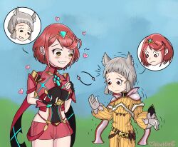 arrow blush body_swap breast_fondling breast_grab breasts cat_ears cat_girl english_text female_only femdom femsub fingerless_gloves gloves grey_hair happy_trance heart holding_breasts hombremorido large_breasts nia_(xenoblade) outdoors pyra_(xenoblade) red_eyes red_hair short_hair signature smile speech_bubble tears text unhappy_trance xenoblade_chronicles xenoblade_chronicles_2 yellow_eyes