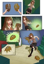  androgynous_dom aura brown_eyes brown_hair clothed comic crossover eye_color_change femsub glowing green_eyes harry_potter_(series) hermione_granger hypnotic_mask living_costume long_hair mask mask_of_loki non-binary_dom onyxsteelgray1213 resisting school_uniform shoes the_mask tiotonyredgrave 