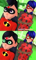  3d absurdres black_hair bodysuit disney female_only femsub hypnotic_accessory kim_possible_(series) long_hair marinette_dupain-cheng mask microchip miraculous_ladybug rope shego short_hair source_filmmaker super_hero supercasket tech_control the_incredibles twintails violet_parr 