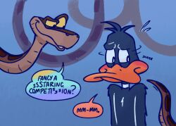  blue_background blush daffy_duck dialogue disney duck_boy embarrassed english_text furry kaa looney_tunes male_only mesmirised multiple_boys simple_background snake speech_bubble tail text the_jungle_book 