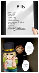absurdres blonde_hair brown_hair cat_girl changer_(character) dialogue english_text environmental_text gameoverse green_eyes hat kit_bodega_(gameoverse) original sixmi34 speech_bubble tagme text top_hat yellow_eyes