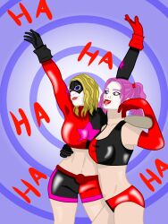 absurdres ahegao arms_above_head batman_(series) blonde_hair cleavage clown clown_girl clownification dc_comics femdom femsub happy_trance harley_quinn latex pink_hair saltygauntlet short_shorts shorts spiral spiral_eyes stargirl super_hero symbol_in_eyes text thick_thighs thighs tongue tongue_out twintails western