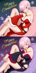  absurdres alternate_costume androgynous_dom bare_legs bare_shoulders barefoot before_and_after breasts christmas cleavage corruption demon_god_pillar eyeshadow fate/grand_order fate_(series) feet femsub large_breasts legs lipstick looking_at_viewer makeup mashu_kyrielight nail_polish parasite pink_hair possession purple_eyes purple_lipstick short_hair sitting smile snow symbol_in_eyes thighs toenail_polish unsaltyfish0120 