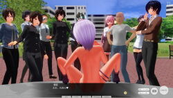 3d antenna ass aware belt blue_eyes blush body_control boots bottomless breasts brown_hair business_suit collar crown dialogue embarrassed exhibitionism glasses hitori humiliation jewelry large_breasts multiple_girls nipples nude original purple_eyes purple_hair remote_control short_hair spread_legs tech_control text topless undressing unhappy_trance
