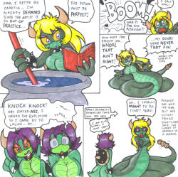 blonde_hair breast_expansion breasts collar comic empty_eyes expressionless female_only femdom femsub furry koopa large_breasts long_hair monster_girl naga_girl nintendo p.chronos purple_hair rattlesnake short_hair snake_girl standing standing_at_attention super_mario_bros. text traditional