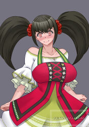  absurdres bare_shoulders black_hair blush breasts hair_ornament happy_trance hime_cut moll3njogja original red_eyes scrunchie smile spiral_eyes twintails 