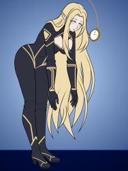  alpha_(the_eminence_in_shadow) blonde_hair blue_background bodysuit breasts cleavage clothed elf elf_ears eyebrows_visible_through_hair female_only femsub gradient_background hanging_breasts high_heels katsiika large_breasts leaning_forward open_mouth pendulum pocket_watch simple_background slouching solo spiral_eyes spiralwash_eyes the_eminence_in_shadow tight_clothing very_long_hair 