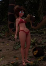  3d barefoot big_hero_6 bikini brown_hair cass_hamada confused disney feet fruit kaa kaa_eyes milf open_mouth pixar realsonuvagun snake the_jungle_book 