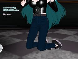3d cleavage corset cyan_hair fingerless_gloves flamekin ghost_girl gothification jeans large_breasts leather long_hair possession sneakers text transgender