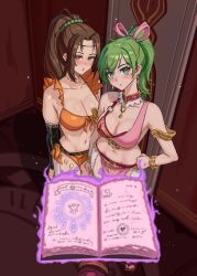  absurdres blush bracelet bramsel_(fire_emblem) breasts brown_eyes brown_hair cleavage collarbone confused dancer dazed emmettart femsub fingerless_gloves fire_emblem fire_emblem_genealogy_of_the_holy_war gloves glowing glowing_eyes green_eyes green_hair hypnotic_magic large_breasts laylea_(fire_emblem) lene_(fire_emblem) loincloth looking_at_viewer magic midriff multiple_girls multiple_subs navel nintendo orange_eyes ponytail pov pov_dom sandals 