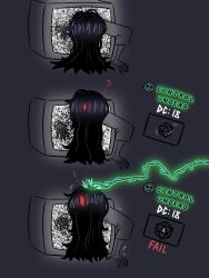   black_hair confused english_text female_only femsub freemindstuff gameplay_mechanics ghost ghost_girl hair_covering_one_eye long_hair magic red_eyes robe sadako_yamamura simple_background surprised text the_ring tv undead_girl 