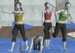  3d all_fours bare_shoulders barefoot black_hair breasts chicken_pose cleavage collarbone expressionless feet female_only femsub huge_breasts leggings long_hair multiple_girls multiple_subs nintendo open_mouth pet_play posing robot robot_girl saluting thick_thighs vg-mc wii_fit wii_fit_trainer zombie_walk 