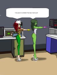  carlosfco feet female_only femsub green_hair green_skin high_heels hypnotic_accessory hypnotic_clothing multicolored_hair multiple_girls multiple_subs rogue she-hulk text zombie_walk 