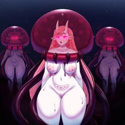  absurdres breasts character_request copyright_request elf_ears female_only femsub glowing glowing_eyes horns hypnovember jellyfish multiple_girls multiple_subs nipples nude parasite possession shieol1 tagme tentacles thick_thighs thighs 