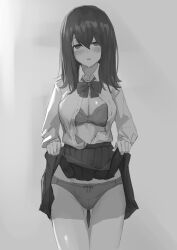 blush bra breasts dazed drool empty_eyes expressionless female_only femsub greyscale looking_at_viewer mayonaka open_clothes open_mouth original panties skirt skirt_lift solo underwear