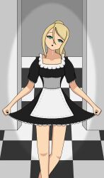 absurdres blonde_hair blue_eyes clothed dazed drool empty_eyes esbypno female_only femsub maid metroid_(series) mole nintendo open_mouth ponytail samus_aran solo standing