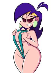 absurdres bikini breasts ck-draws-stuff clothed_exposure female_only icontrol_(manipper) large_breasts looking_at_viewer manip mighty_magiswords panties purple_hair sling_bikini smile solo spiral_eyes symbol_in_eyes underwear vambre