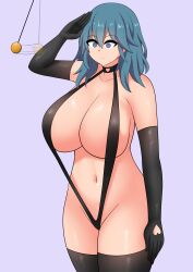  absurdres breasts byleth_eisner coin empty_eyes expressionless female_only femsub fire_emblem fire_emblem_three_houses gloves green_hair heart huge_breasts large_breasts navel nintendo pendulum saluting short_hair sling_bikini solo standing standing_at_attention the_only_shoe thighhighs 