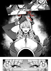  accidental_hypnosis blue_archive breasts cleavage comic evil_smile horns huge_breasts monochrome pendulum satsuki_(blue_archive) self_hypnosis smile thirty_8ght 