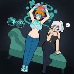  armpits arms_above_head bra breasts choker couch deejay_(zombi62) drool female_only femdom femsub hypnotic_gas jeans midriff orange_hair original ponytail sitting spiral_eyes spiralwash_eyes standing symbol_in_eyes thighhighs undressing vi_(vynil) white_hair zombi62 