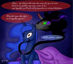 animals_only corruption dialogue enemy_conversion femsub green_eyes hooves horns horse king_sombra magic maledom my_little_pony princess_luna red_eyes text unicorn western