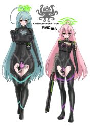ahoge amigurumi barcode blue_archive bodysuit boots crotch_tattoo cyan_hair dildo empty_eyes erect_nipples erect_nipples_under_clothes expressionless eyeshadow female_only femsub flat_chest gloves halo happy_trance hoshino_(blue_archive) japanese_text kaiser_corporation_(blue_archive) large_breasts looking_at_viewer makeup multiple_girls multiple_subs pink_eyes pink_hair purple_eyes simple_background small_breasts smile standing symbol tattoo text thigh_boots thighhighs vaginal very_long_hair vibrator weapon white_hair yume_(blue_archive)