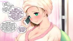 blush breasts brown_hair cell_phone femsub happy_trance hypnotic_audio large_breasts lorese_(manipper) maledom manip original pink_doragon robe short_hair subliminal sweat tech_control text towel unaware wet