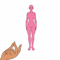 animated animated_gif bald bare_legs barefoot bottomless bouncing_breasts breasts collarbone expressionless female_only femsub finger_snap heavy_eyelids katsiika pink_eyes pink_skin pussy saluting simple_background solo standing standing_at_attention tagme white_background your_character_here