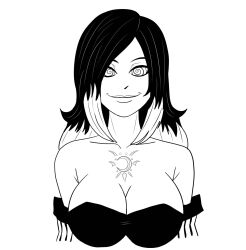 bare_shoulders black_hair body_markings breasts cleavage female_only femsub gravity_rush greyscale happy_trance large_breasts polmanning raven_(gravity_rush) simple_background smile solo spiralwash_eyes white_background