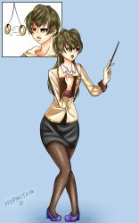  bangs before_and_after character_request collarbone crossdressing empty_eyes expressionless feminization green_hair high_heels hypnotico lipstick long_hair male_only malesub open_mouth orange_eyes pantyhose pendulum short_hair signature simple_background skirt solo teacher watermark 