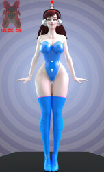 3d antenna bare_shoulders brown_hair cleavage collarbone d.va female_only fembot femsub happy_trance headphones hourglass_figure ibex-cg latex leotard long_hair overwatch robotic_trance simple_background smile solo spiral spiral_background spiralwash_eyes standing standing_at_attention tech_control thighhighs video_game watermark