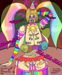 adekvatx bimbofication bottomless brain_drain breasts clown clown_girl female_only femsub gloves happy_trance huge_breasts long_hair makeup multicolored_hair pussy rainbow_hair smile spiral_eyes symbol_in_eyes text transformation twintails