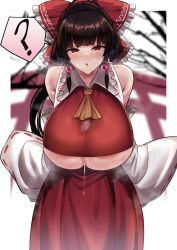  absurdres after_sex blush border bow breasts breath brown_hair confused cum cum_on_breasts dress earrings eyeshadow female_only femsub hair_ornament hair_ribbon huge_breasts hypnotic_accessory jewelry long_hair looking_at_viewer makeup nipples open_mouth oral outdoors paizuri panties pubic_hair red_eyes reimu_hakurei ribbon see-through shrine_maiden sinkai solo stray_pubes tight_clothing touhou unaware underboob underwear 