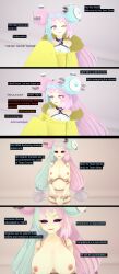  3d before_and_after black_sclera blue_hair bottomless breast_expansion breasts cyanstargazer dialogue doll_joints drone femsub heterochromia hypnotized_hypnotist iono_(pokemon) koikatsu! large_breasts multicolored_hair nintendo nude pink_hair pokemon pokemon_scarlet_and_violet purple_eyes robot robot_girl robotization solo text topless 