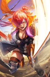 aura breasts cleavage clothed daniel_deng epimenides_(fire_emblem) facial_markings femsub fire_emblem fire_emblem_three_hopes fire_emblem_three_houses gloves glowing hair_color_change horns large_breasts long_hair maledom multicolored_hair nintendo orange_eyes orange_hair possession purple_hair shez_(fire_emblem) weapon 
