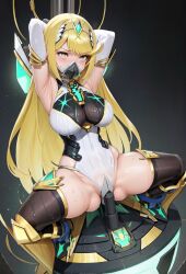  ai_art armpits arms_above_head blonde_hair blush boots cables corruption eye_roll femsub gas_mask gloves hair_ornament high_heels large_breasts leotard long_hair mythra_(xenoblade) nintendo opera_gloves restrained spread_legs squatting sweat thigh_boots thighhighs toirettopepa_no_fukuro_(generator) vaginal very_long_hair wires xenoblade_chronicles xenoblade_chronicles_2 yellow_eyes 
