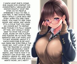  animated animated_gif breasts brown_hair caption femdom glasses glowing glowing_eyes hypnotic_eyes kase_daiki large_breasts looking_at_viewer manip original pink_eyes pov pov_sub school_uniform short_hair smile stroke_(manipper) sweater text tie 