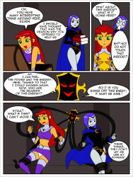  alien alien_girl blue_hair book boots cape cloak coils comic dc_comics evil_smile green_eyes humor hypnotic_mirror jimryu long_hair mirror multiple_girls open_mouth panties purple_eyes raven red_eyes resisting short_hair simple_background skirt smile starfire super_hero teen_titans tentacles text thigh_boots underwear western 