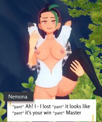  3d black_hair bottomless breasts breasts_outside brown_eyes clothed_exposure clothed_sex comic cum cum_on_body cum_on_breasts cum_on_face dark_skin dialogue drool exposed_chest femsub green_hair heart heart_eyes koikatsu! maledom multicolored_hair nemona_(pokemon) nintendo nipples open_clothes open_mouth open_shirt outdoors penis pokemon pokemon_scarlet_and_violet pussy sex shirt smile spread_legs standing sweat symbol_in_eyes tagme text thehguy thighhighs vaginal 