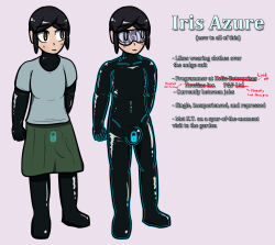 black_hair bodysuit brown_eyes bulge character_profile clothed collarbone consensual drone eyebrows_visible_through_hair female_only femsub glowing happy_trance iris_azure latex null_bulge original self_hypnosis shirt short_hair simple_background skirt smile solo spiral tech_control text tight_clothing trance_delightful visor