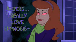 daphne_blake dialogue dress english_text femsub flashlight hair_band happy_trance heart_eyes humor leggings lipstick long_hair orange_hair ravenhypno_(manipper) scarf scooby-doo_(series) simple_background skirt sweater symbol_in_eyes text