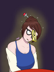  bare_shoulders brown_hair cleavage collarbone crossed_eyes drool female_only femsub glasses hairpin happy_trance hypnotic_accessory lab_coat limp m00n_key mei_(overwatch) open_mouth overwatch short_hair simple_background sitting smile solo symbol_in_eyes table talisman tank_top text yellow_eyes 