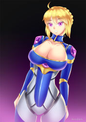  artoria_pendragon blonde_hair breasts cleavage expressionless fate/grand_order fate_(series) gradient_background hadant large_breasts pink_eyes robotization saber short_hair signature simple_background solo unusual_pupils watermark 