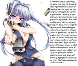 breasts caption caption_only cleavage femdom gun hypsubject_(manipper) large_breasts looking_at_viewer manip orgasm_command pov pov_sub purple_eyes text trigger weapon white_background