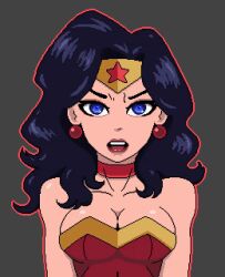 angry animated animated_gif black_hair blue_eyes blush breasts choker cleavage clothed dc_comics dialogue drool earrings english_text female_only femsub grey_background happy_trance jewelry mantra open_mouth panicatethemoon red_eyes resisting simple_background smile solo spiral spiral_eyes text wonder_woman