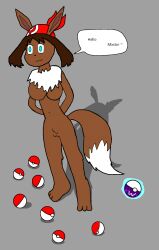  alternate_form blue_eyes bottomless breasts brown_hair daybreak eevee empty_eyes femsub furry happy_trance linda may nintendo nude pokemon pokemon_ruby_sapphire_and_emerald solo text topless transformation 